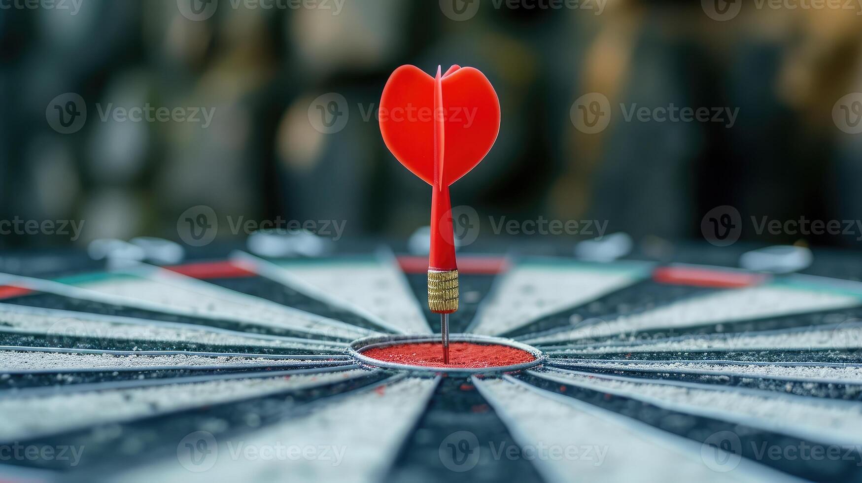 AI generated Red dart hit to center of dartboard. Arrow on bullseye in target. Business success, investment goal, opportunity challenge, aim strategy, achievement focus concept photo