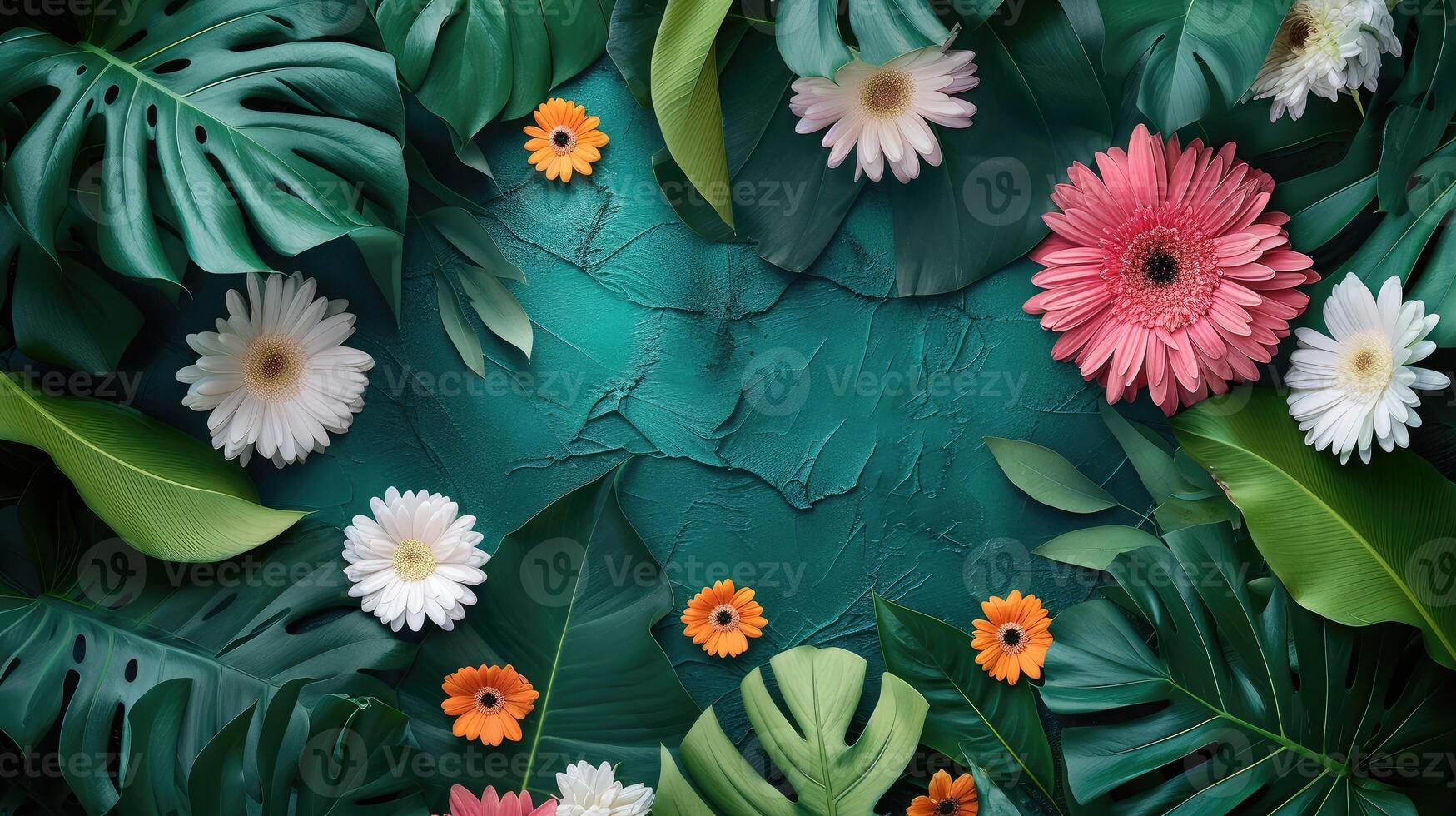 AI generated Creative layout made of flowers and leaves Flat lay Nature concept Floral Greeting card Colorful spring flower background space for text Nature Trendy Decorative Design photo