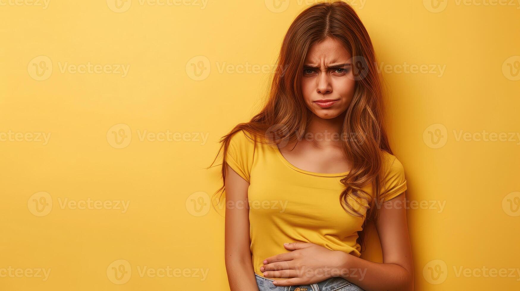 AI generated young unhappy unwell sick ill woman hold hand on stomach suffers pain pms isolated on yellow color background photo