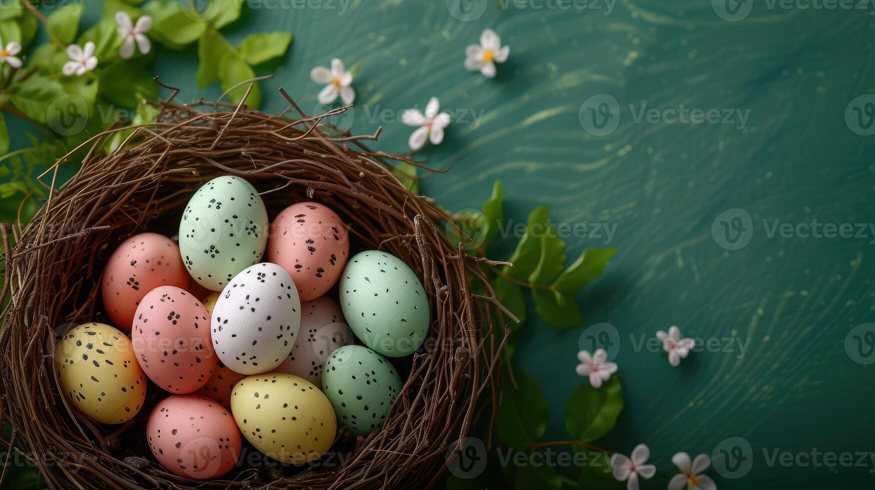 AI generated Happy Easter holiday celebration banner greeting card with pastel painted eggs in bird nest on Green backround tabel texture photo