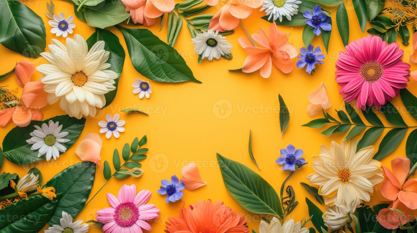 AI generated Creative layout made of flowers and leaves Flat lay Nature concept Floral Greeting card Colorful spring flower background space for text Nature Trendy Decorative Design photo