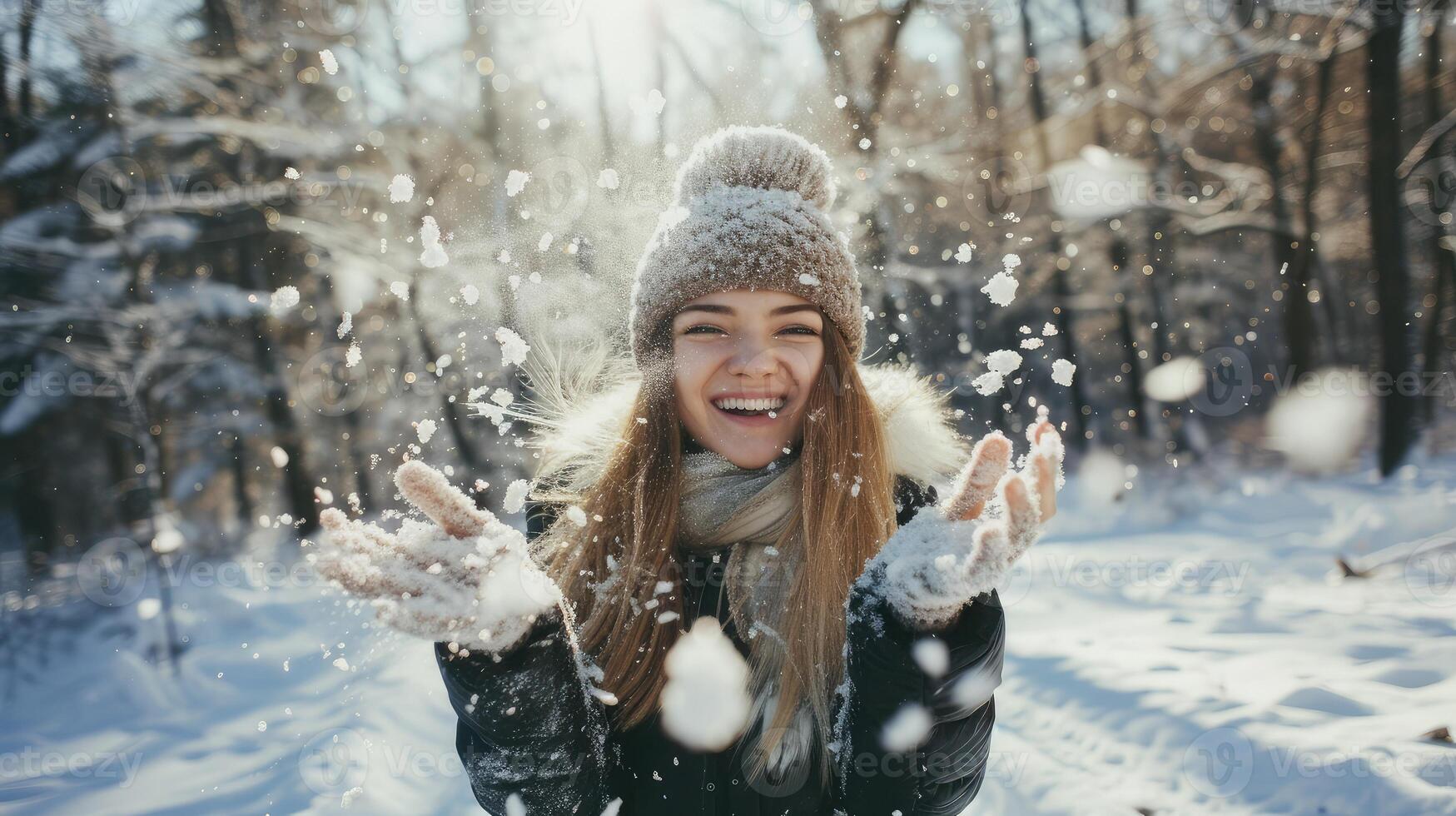 AI generated young woman throws out snow. Portrait of a happy woman playing with snow on a sunny winter day. A walk through the winter forest. Concept of fun, relaxation. photo