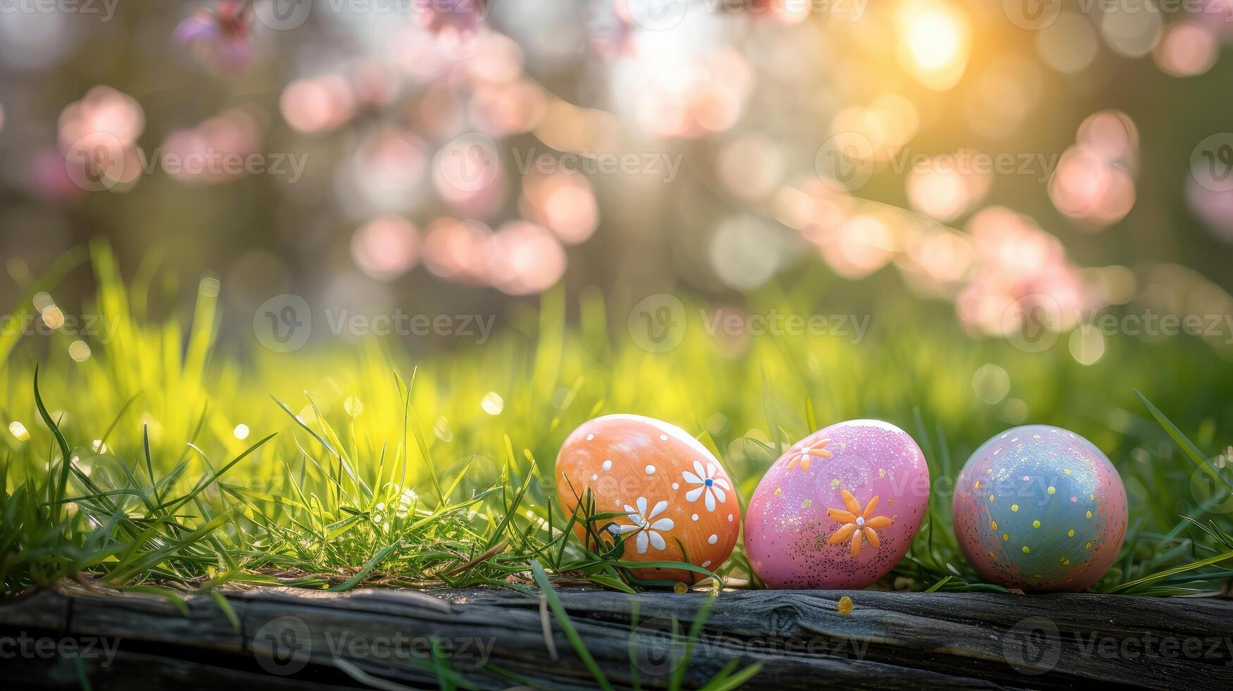 AI generated Painted easter eggs in the grass celebrating a Happy Easter in spring with a green grass meadow, cherry blossom and on rustic wooden bench to display photo