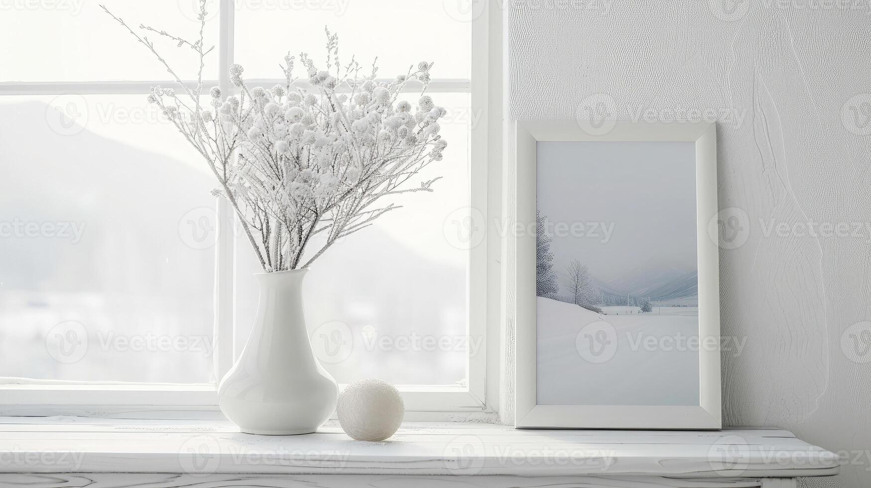 AI generated delicate vase adorns a tall white window, resting on a white wooden table. A framed picture of a snowy landscape serves as the background photo
