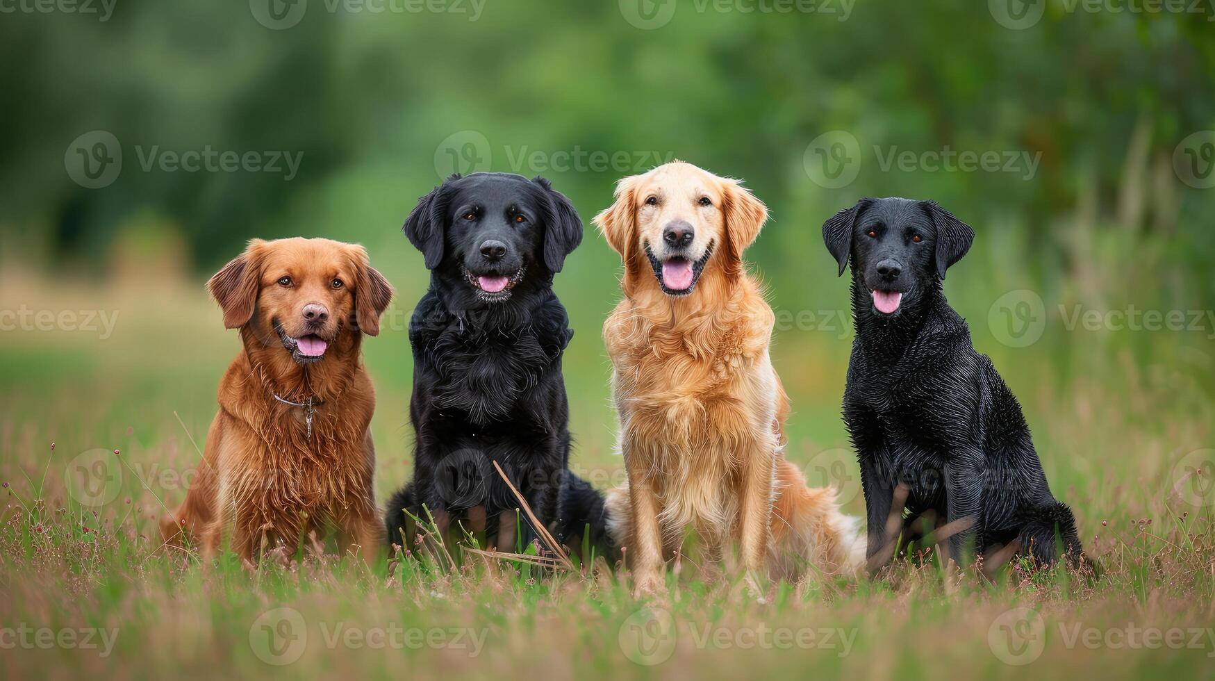 AI generated curly coated retriever, golden retriever, labrador, nova scotia duck tolling retriever and flat coated retriever dogs sitting together outdoors photo