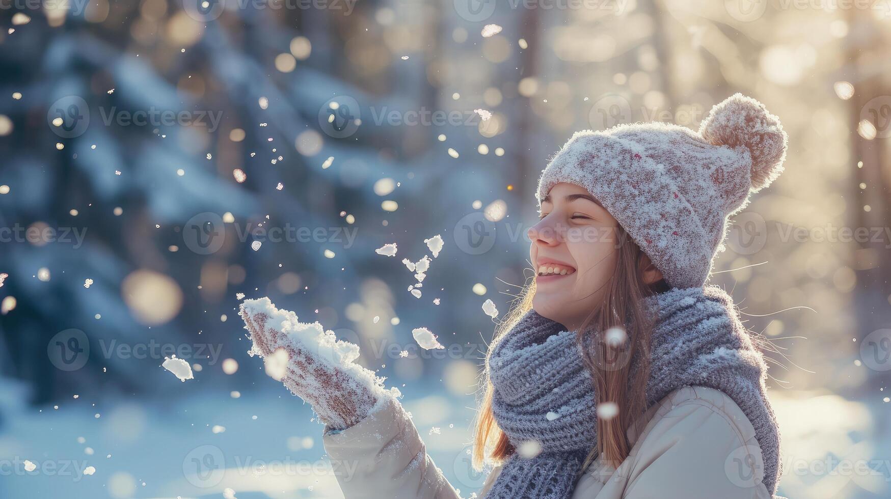 AI generated young woman throws out snow. Portrait of a happy woman playing with snow on a sunny winter day. A walk through the winter forest. Concept of fun, relaxation. photo