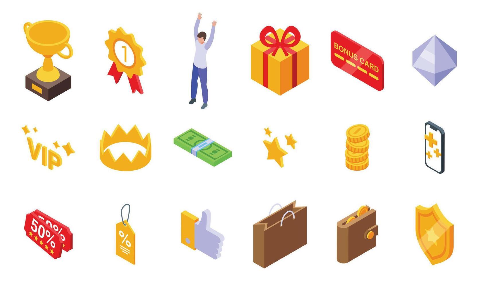 Exclusive benefits icons set isometric vector. Reward loyalty gift vector