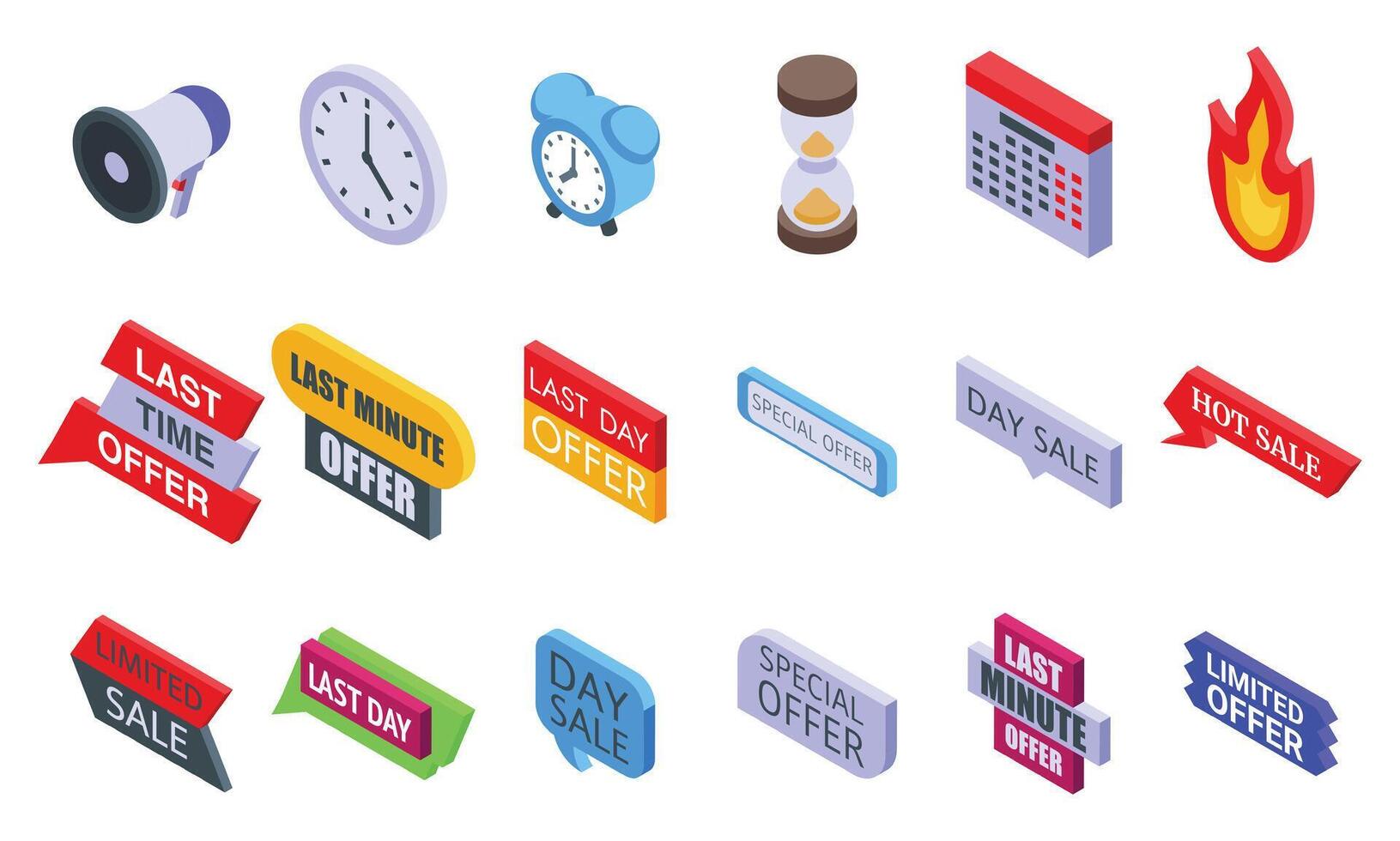 Last time offer icons set isometric vector. Sale flash hour vector