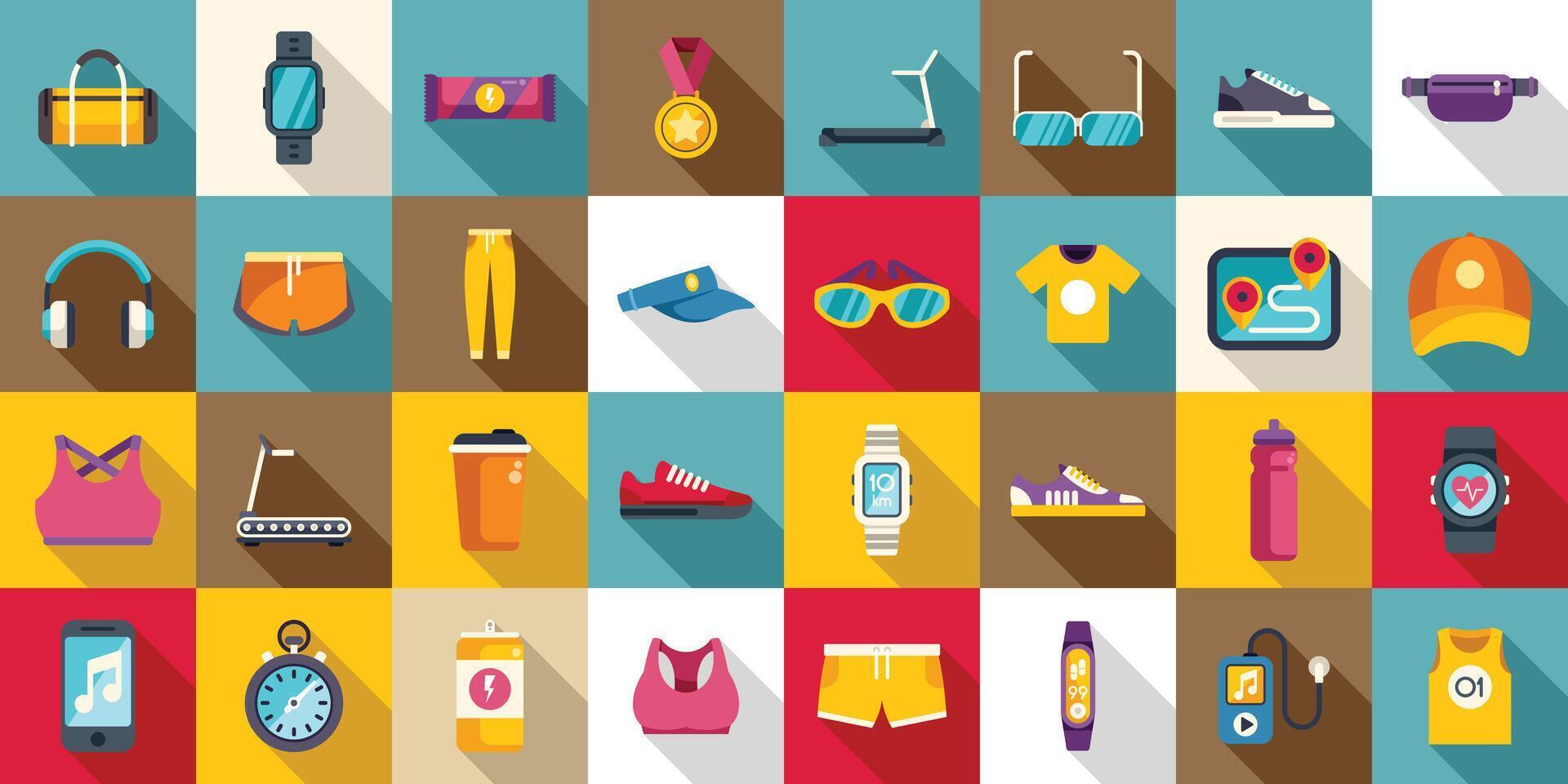 Running accessories icons set flat vector. Wrist pedometer vector