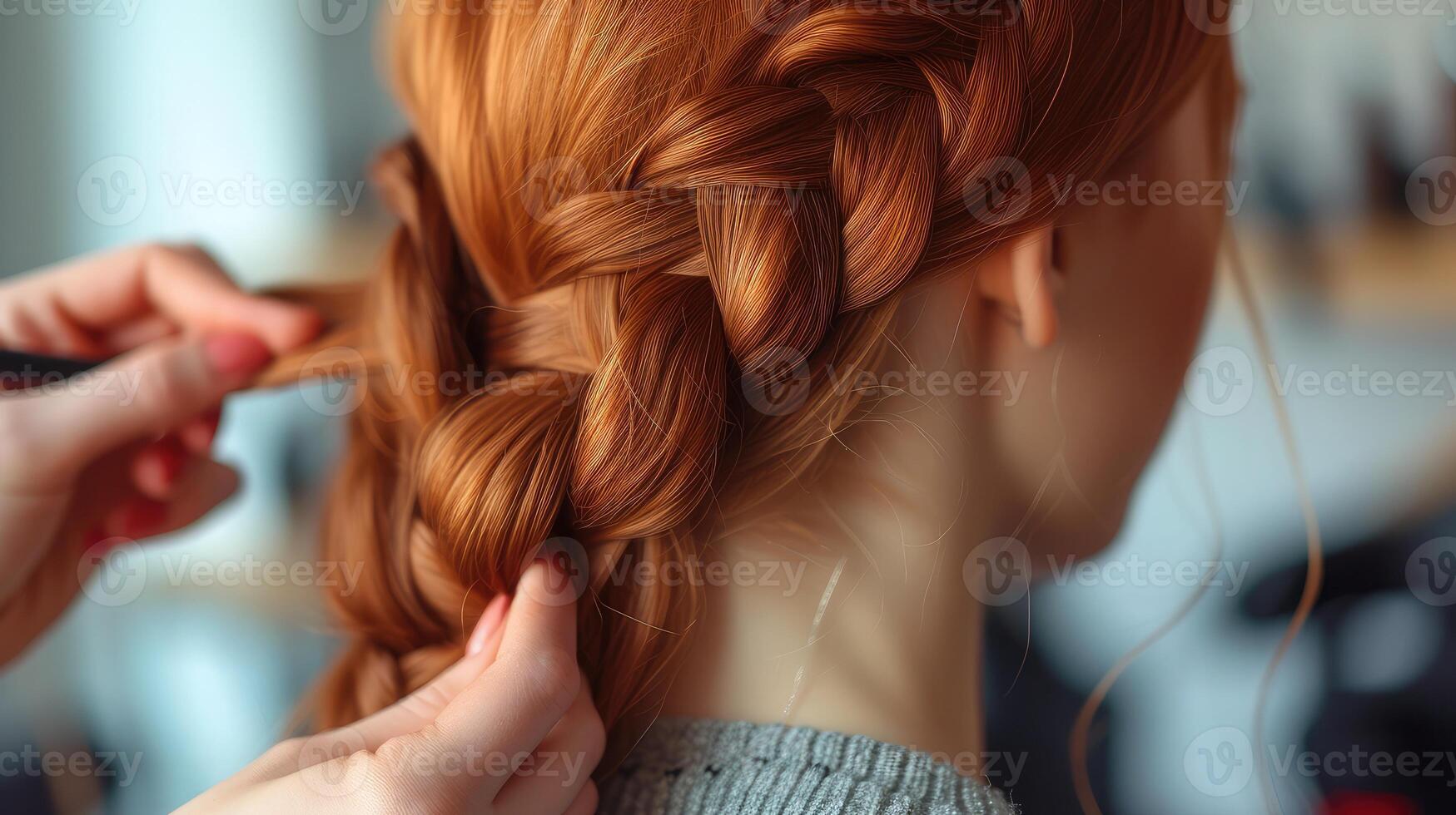 ai generado hermoso, Pelirrojo niña con largo cabello, peluquero tejidos un francés trenza, en un belleza salón. profesional pelo cuidado y creando peinados foto