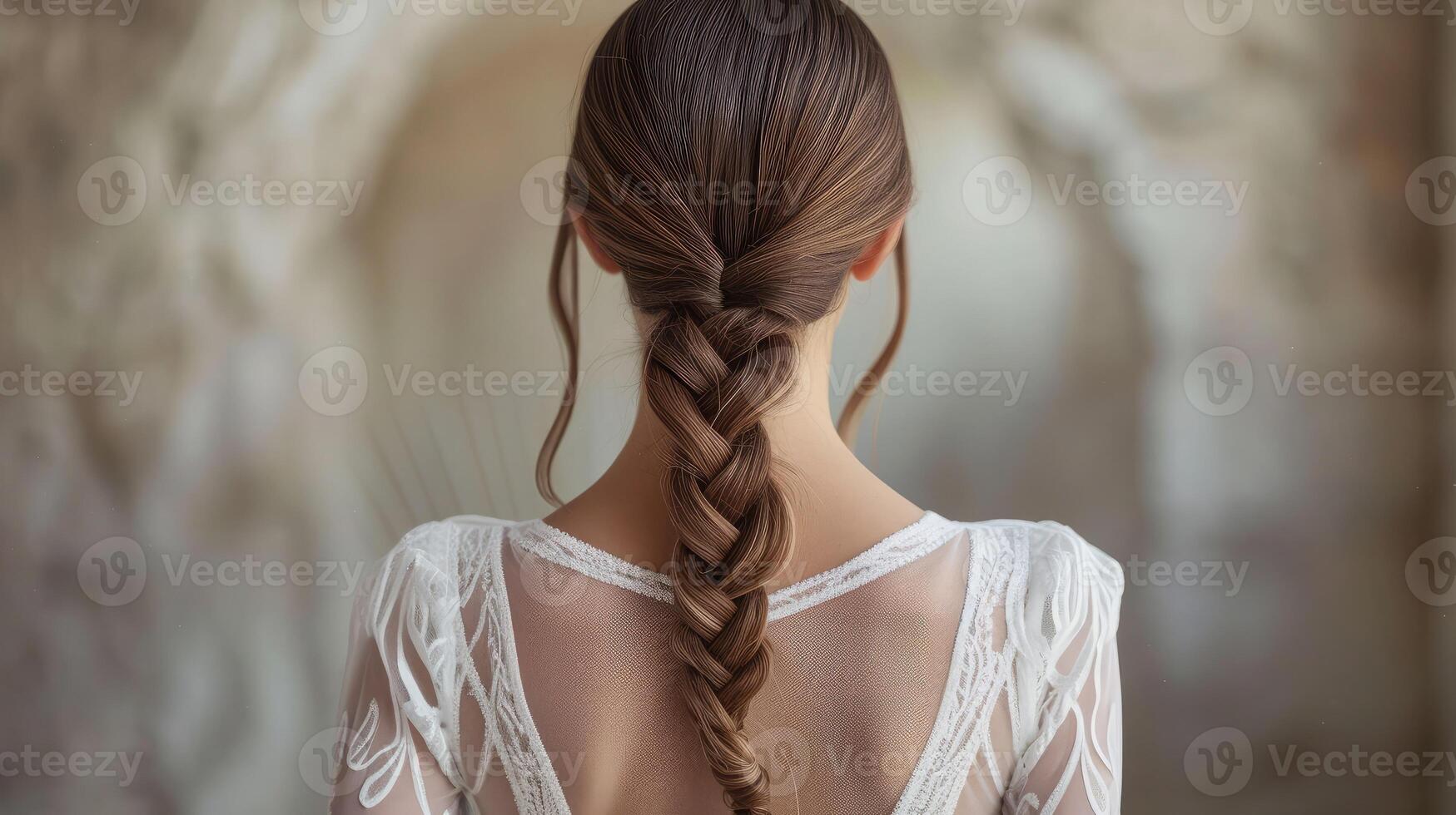 AI generated Beautiful Young Woman with Long Healthy and Shiny Smooth Hair. Bride with Hairstyle Low Ponytail, Back View photo