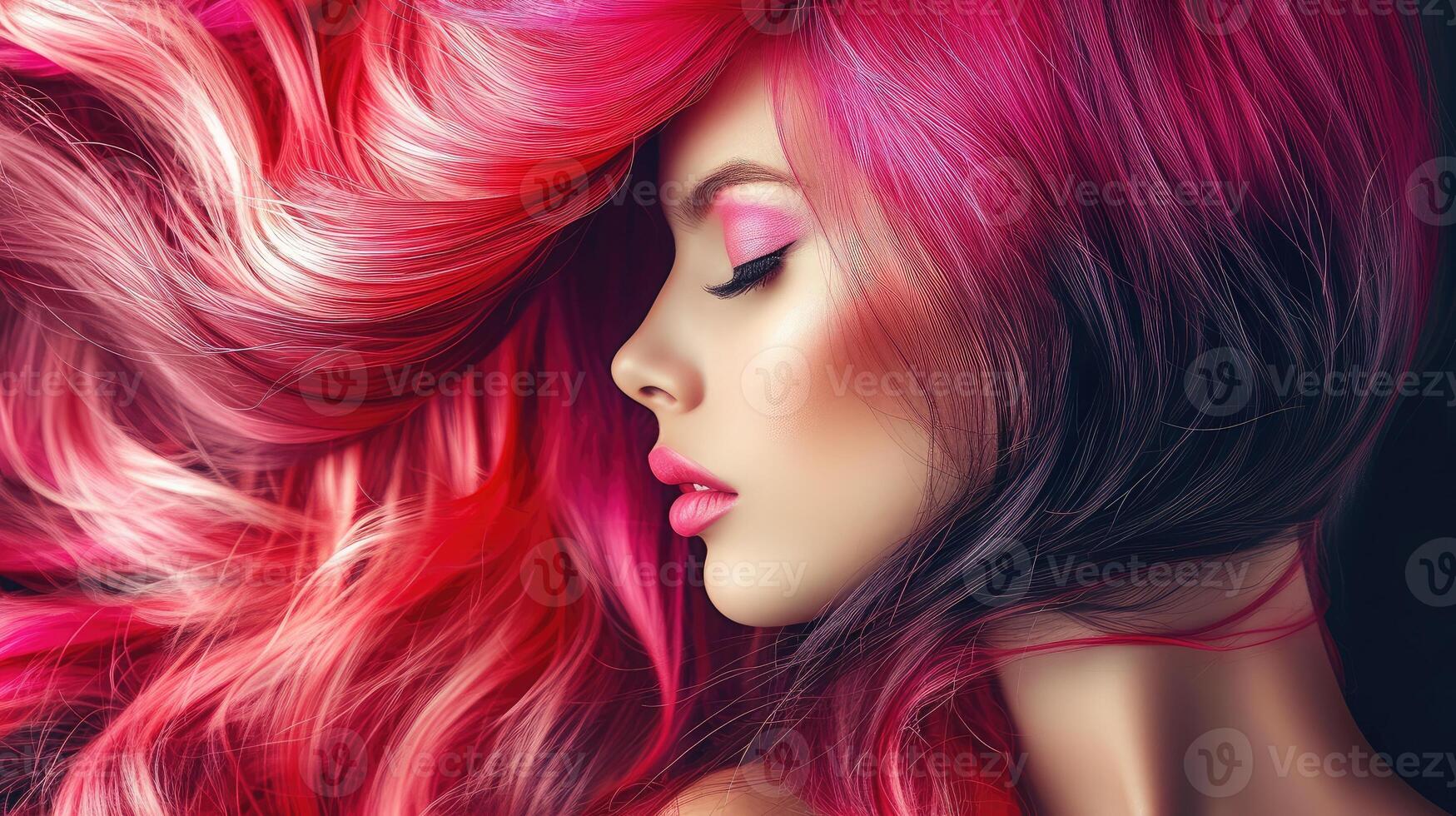 AI generated Beautiful model girl with elegant multi colored hairstyle . Stylish Woman with fashion hair color highlighting. Creative red and pink roots , trendy coloring. photo