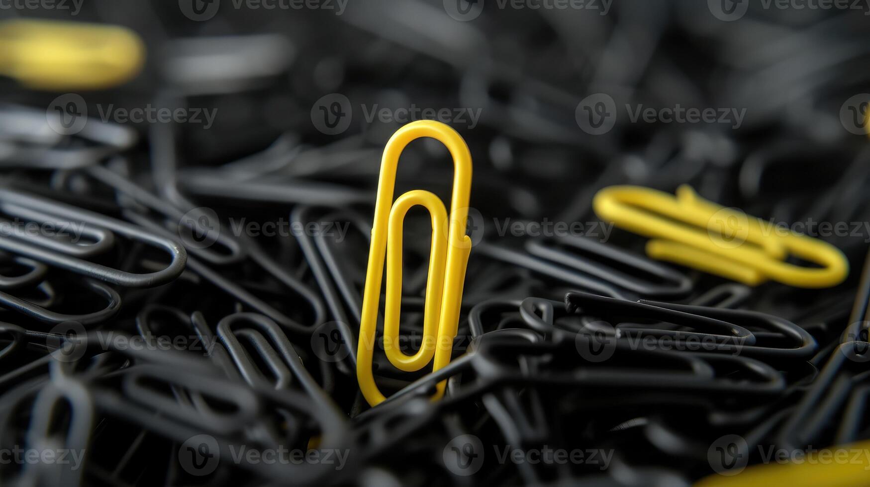 AI generated yellow paper clip stands out against a group of black paper clips. Leader concept, think differently. photo