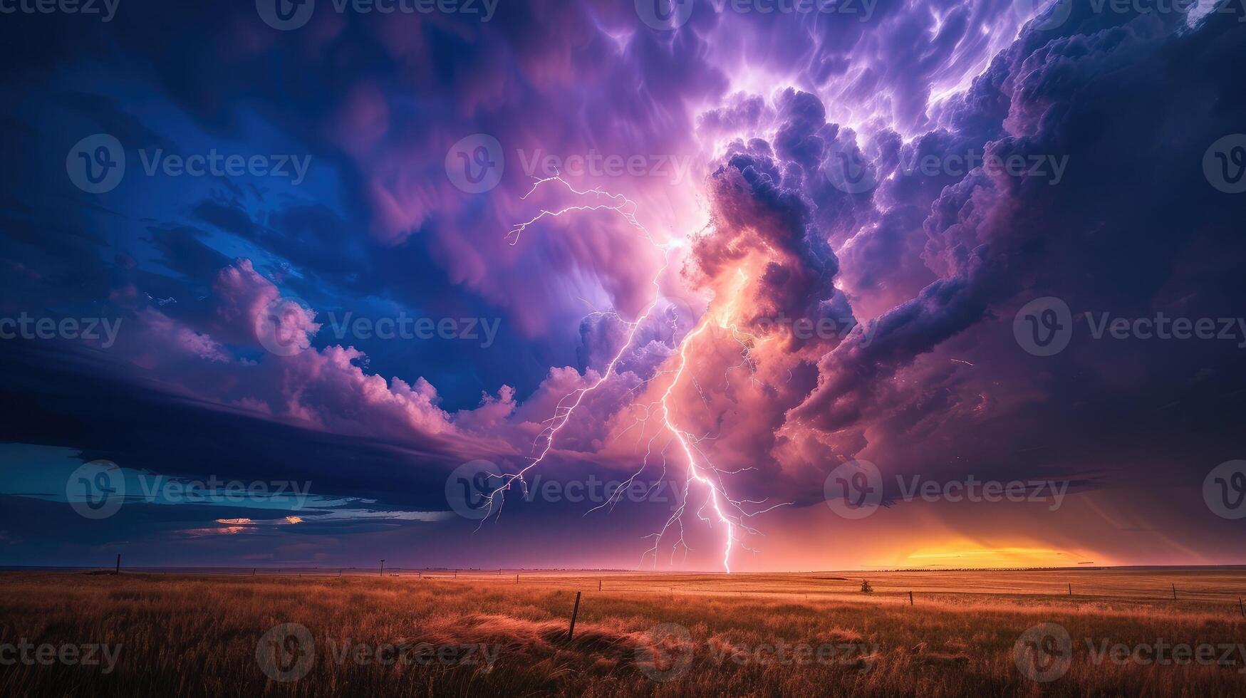 ai generado relámpago Huelga en el horizonte durante un eléctrico tormenta en el praderas foto