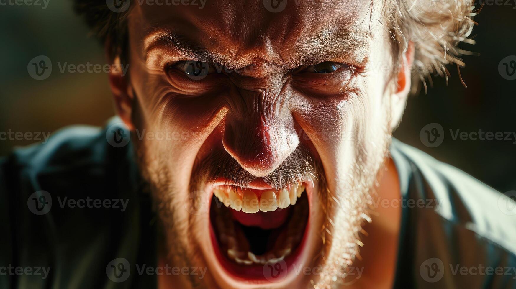 AI generated close up portrait of a man shouting, mouth wide open photo