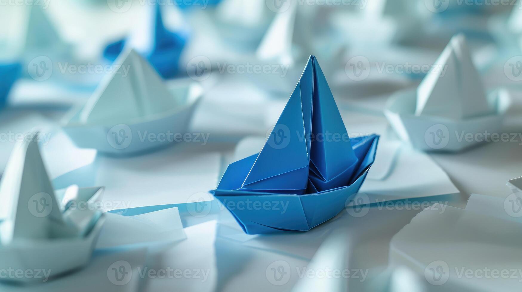 AI generated Leadership concept with blue paper ship leading among white photo