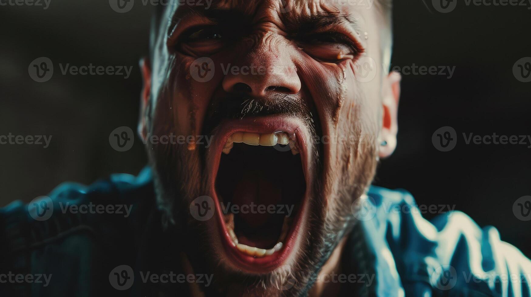 AI generated close up portrait of a man shouting, mouth wide open photo