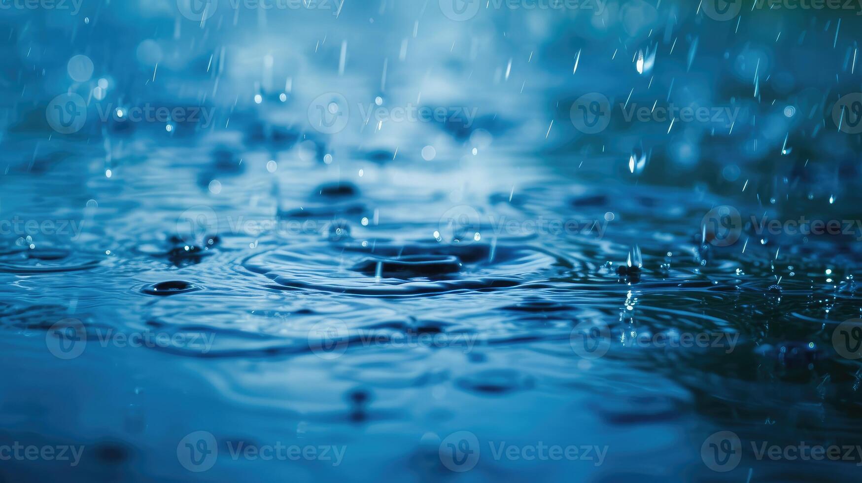 AI generated blue color tone of close up rain water drop falling to the floor in rainy season photo