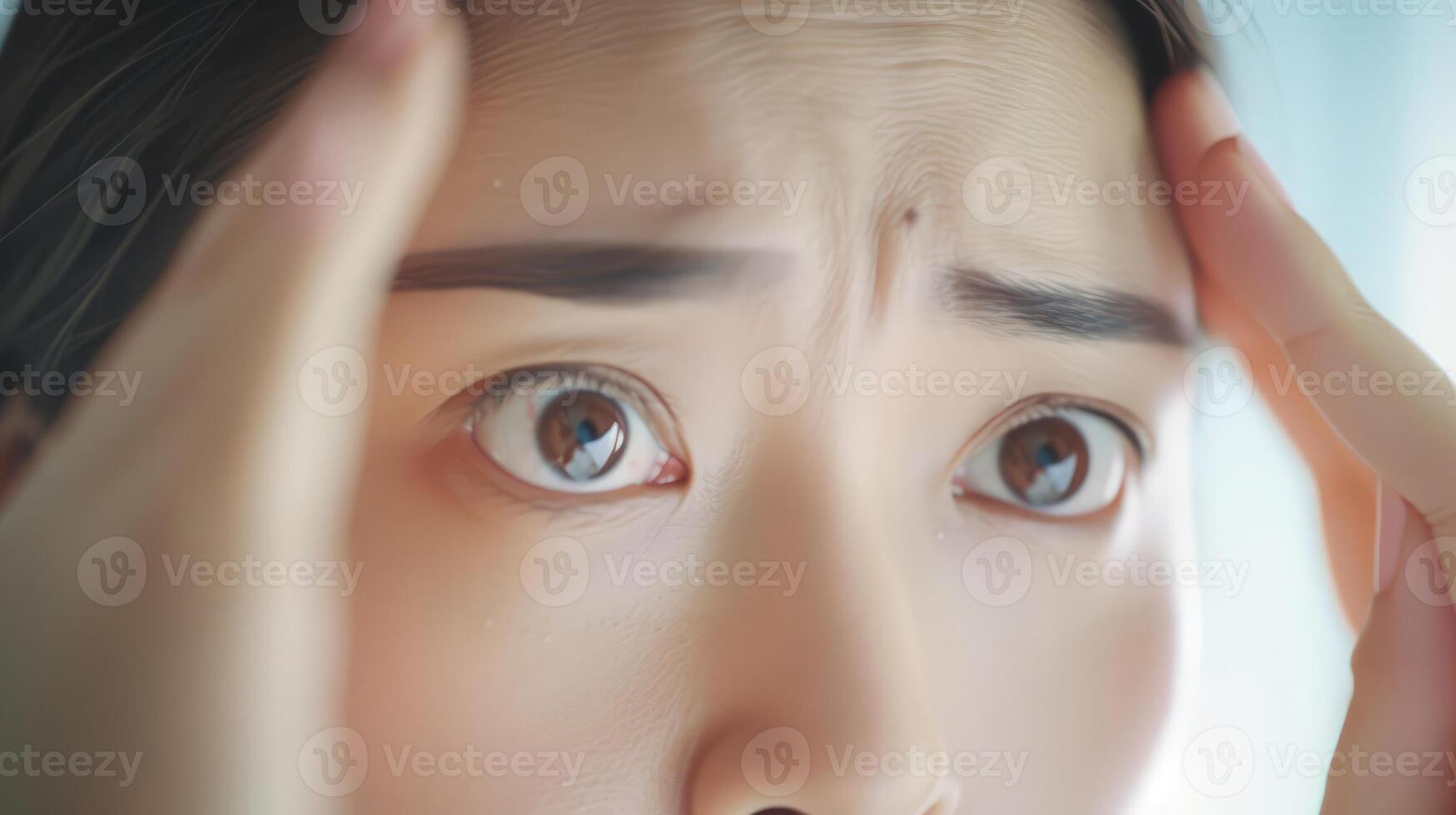 AI generated close up of asian woman looking in mirror is annoyed about crows feet near eyes wrinkles photo