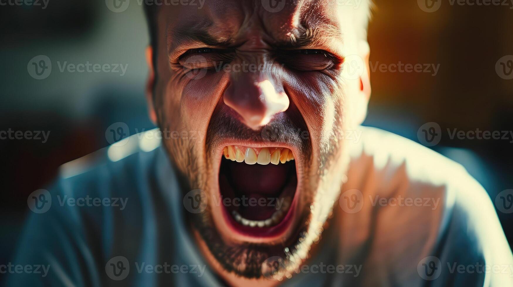 AI generated close up portrait of a man shouting, mouth wide open photo