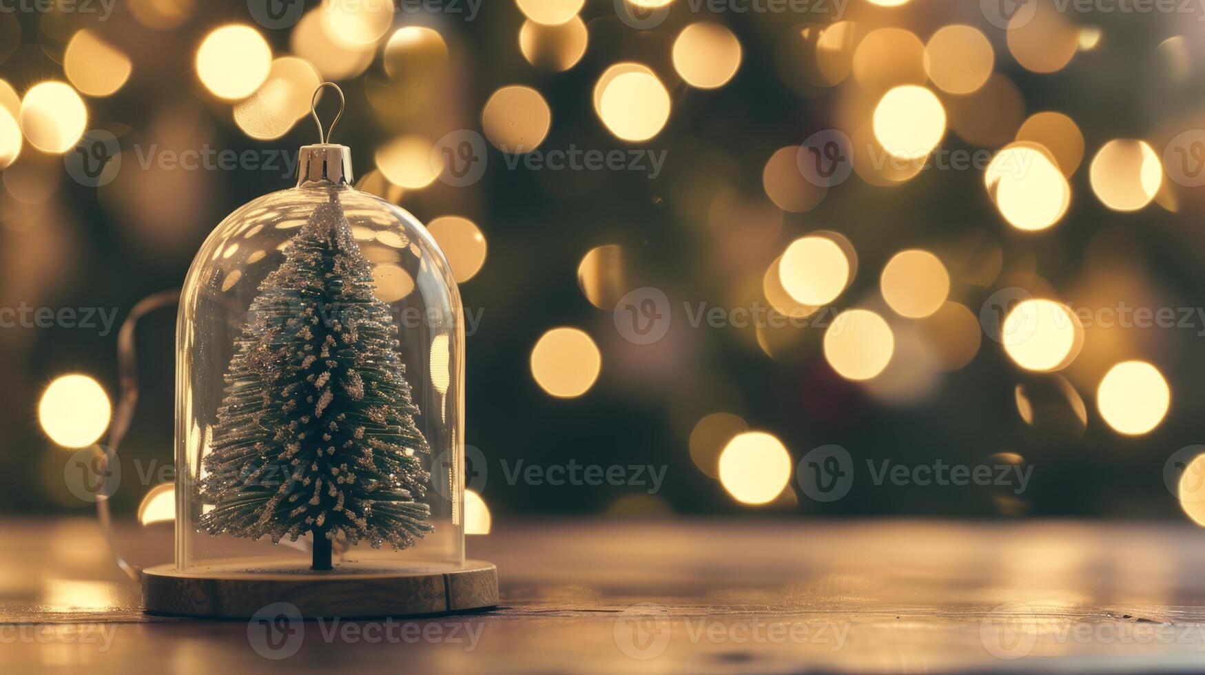AI generated Christmas tree in a glass dome standing on a table, a fragment of the Christmas tree and bokeh lights in the background photo