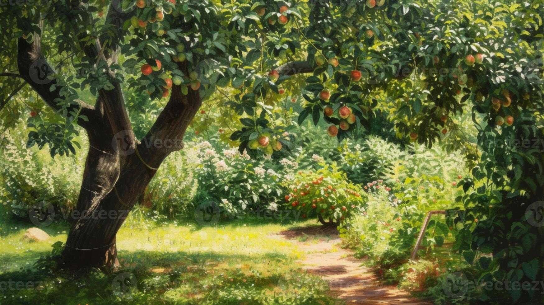 AI generated Green apple-laden tree focal point, lush garden photo