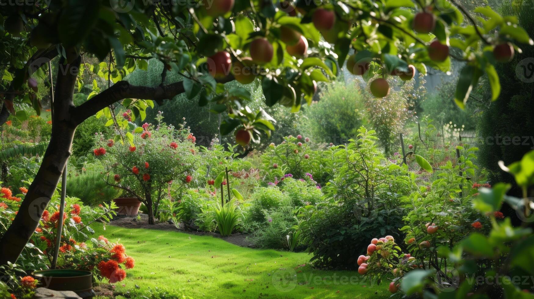 AI generated Green apple-laden tree focal point, lush garden photo