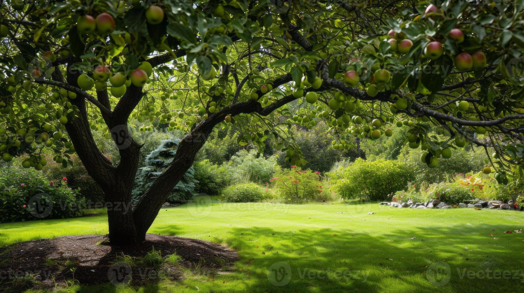 AI generated Green apple-laden tree focal point, lush garden photo