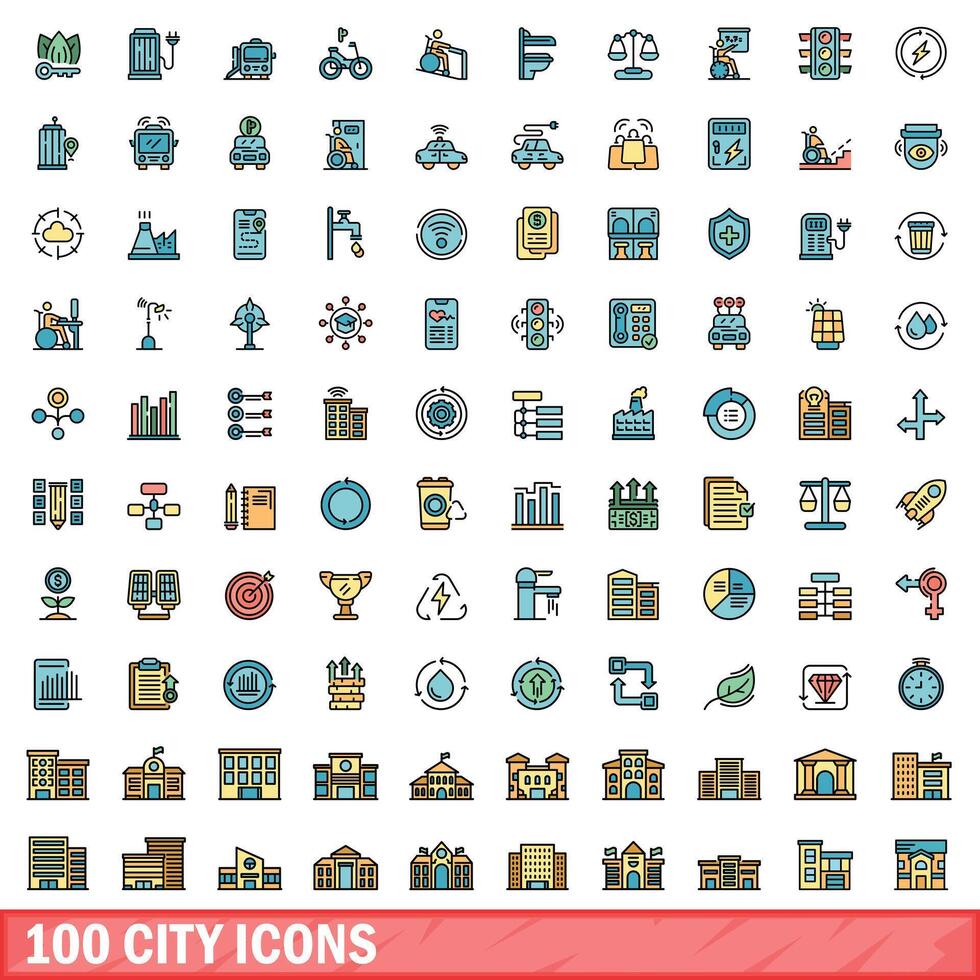 100 city icons set, color line style vector