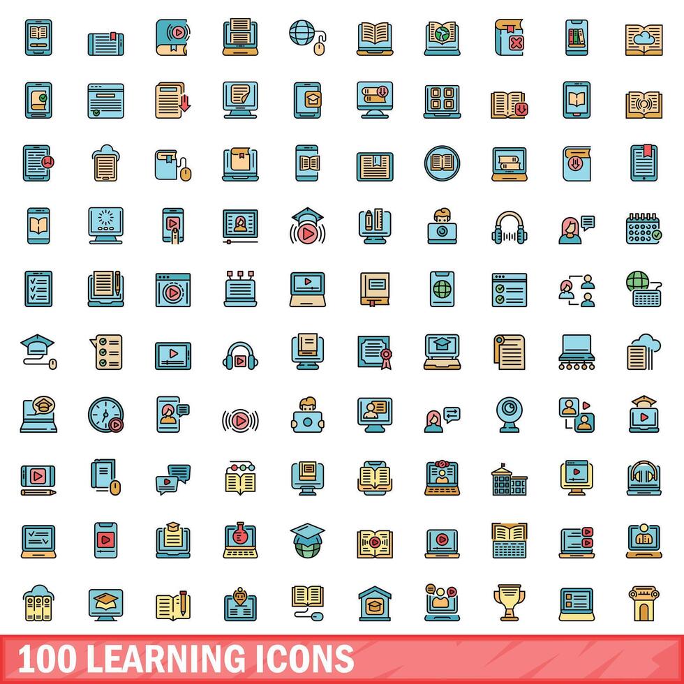 100 learning icons set, color line style vector