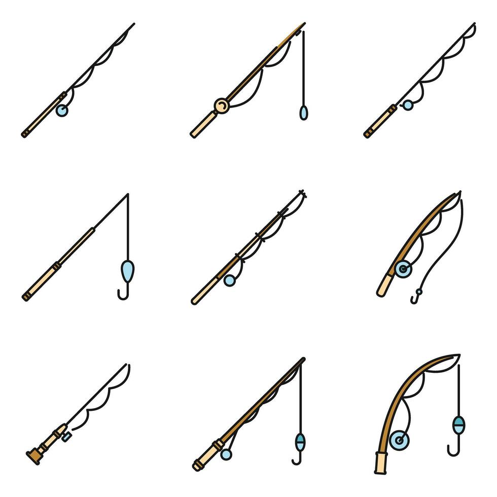 Modern fishing rod icons set vector color line