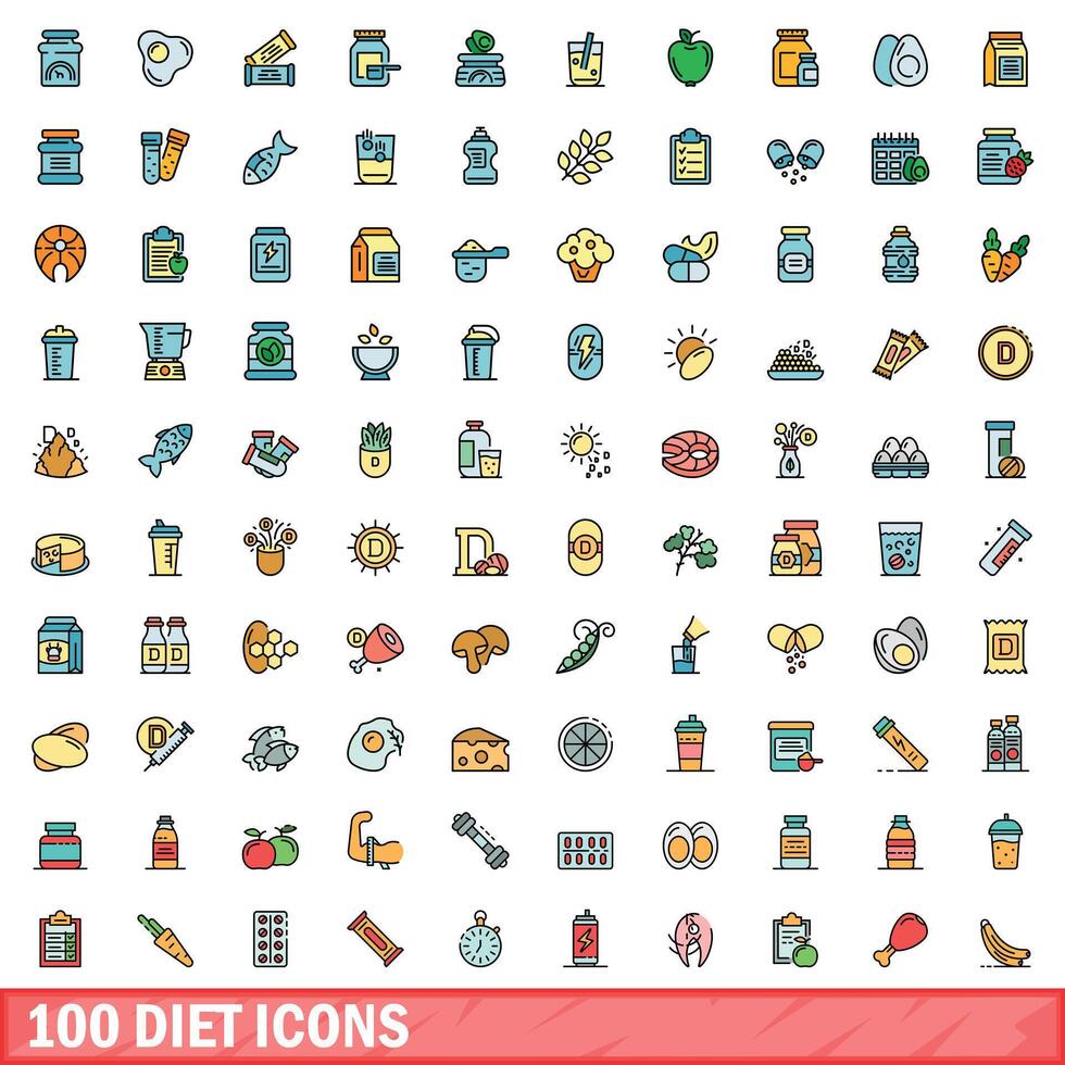100 diet icons set, color line style vector