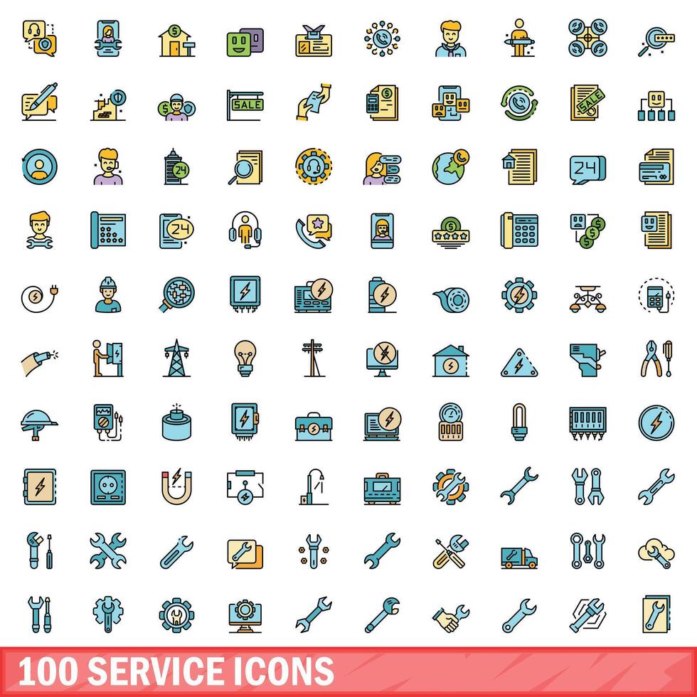 100 service icons set, color line style vector