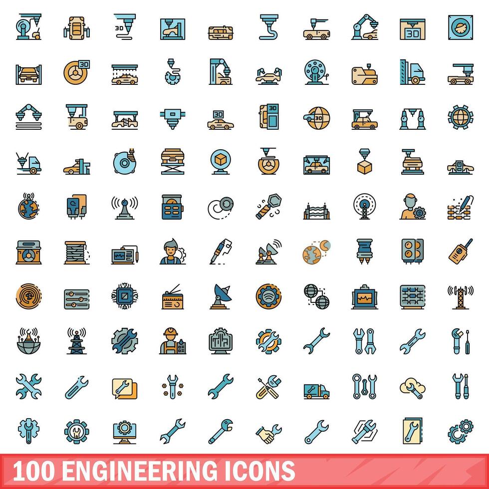 100 Ingenieria íconos colocar, color línea estilo vector