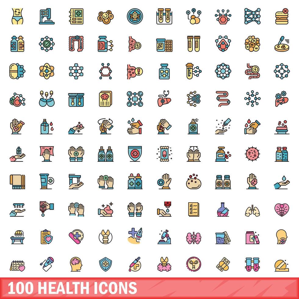 100 health icons set, color line style vector
