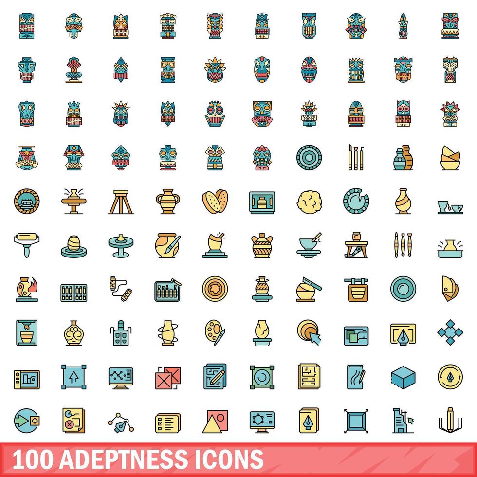 100 adeptness icons set, color line style vector