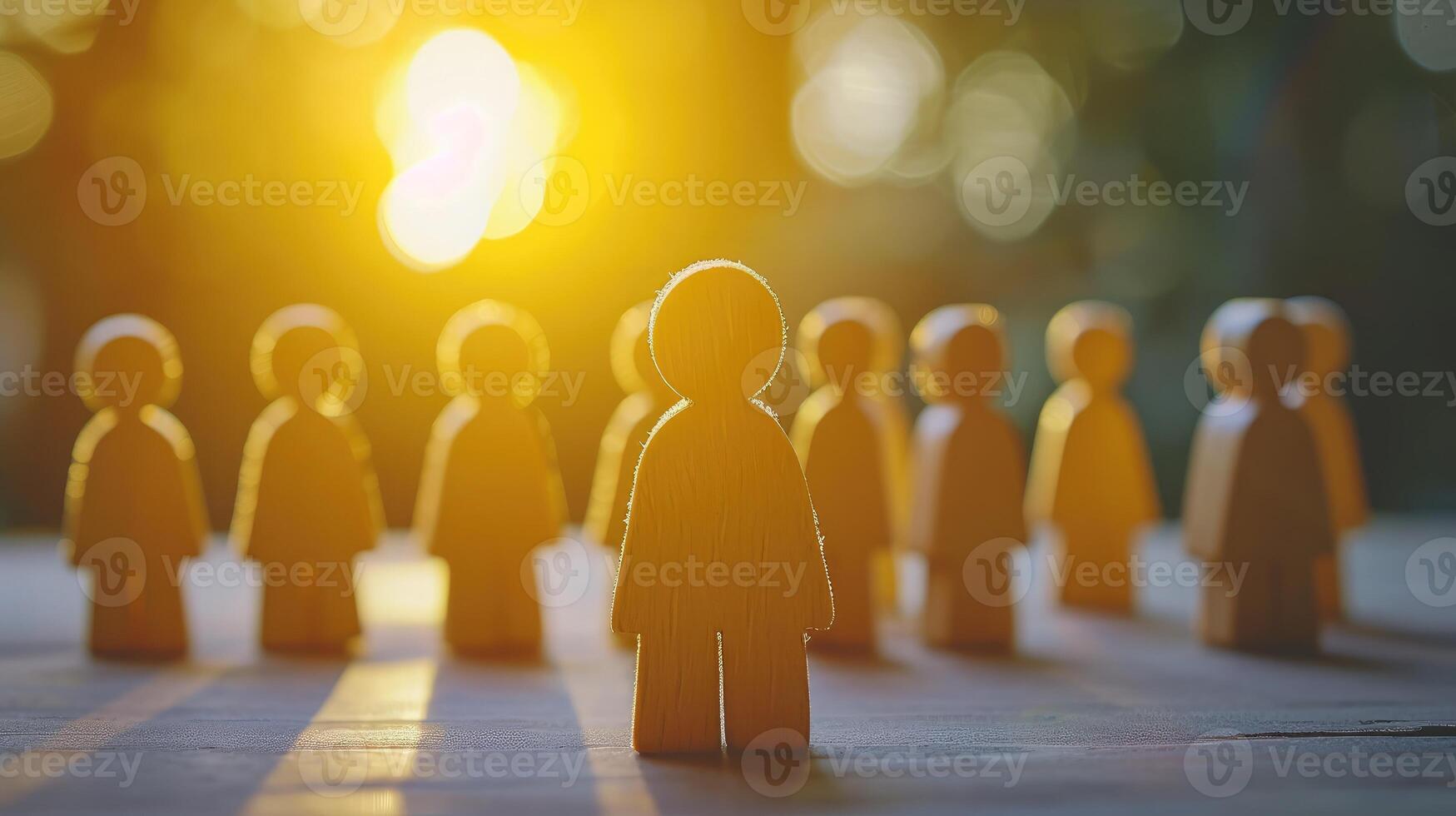 AI generated Success in Business or Talent Concept. Stand Out from the Crowd. Different and Individual Unique Person. Spotlight Shining to the Golden. presenting by wooden peg dolls photo