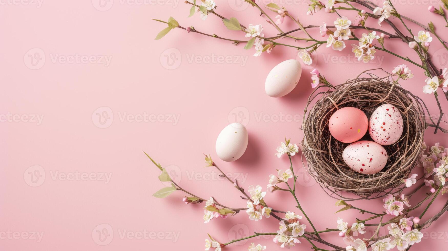 AI generated Top view of nest with Easter eggs and flowers on pastel background photo