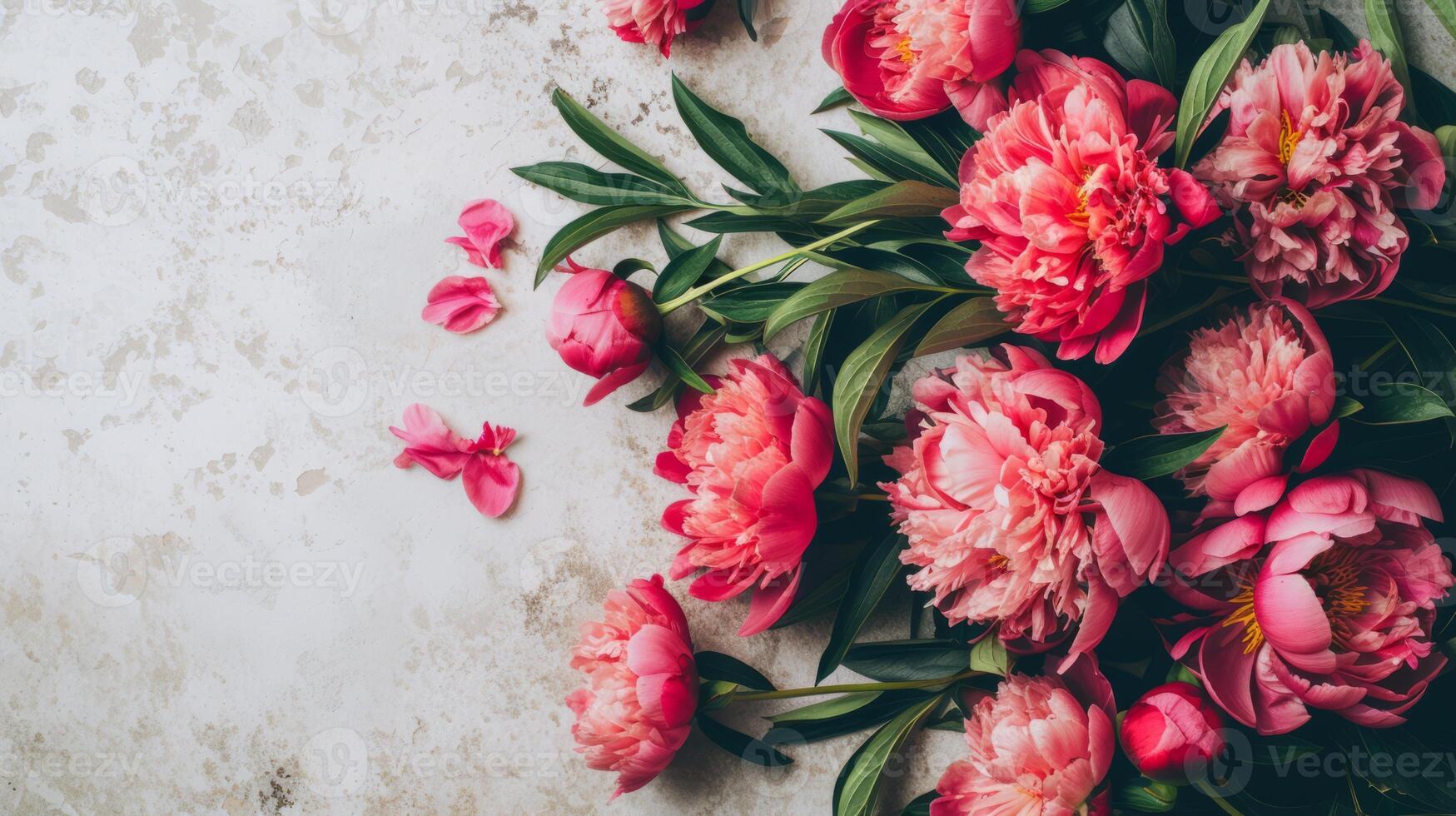 AI generated Many beautiful peonies blossoms on light background with copy space photo