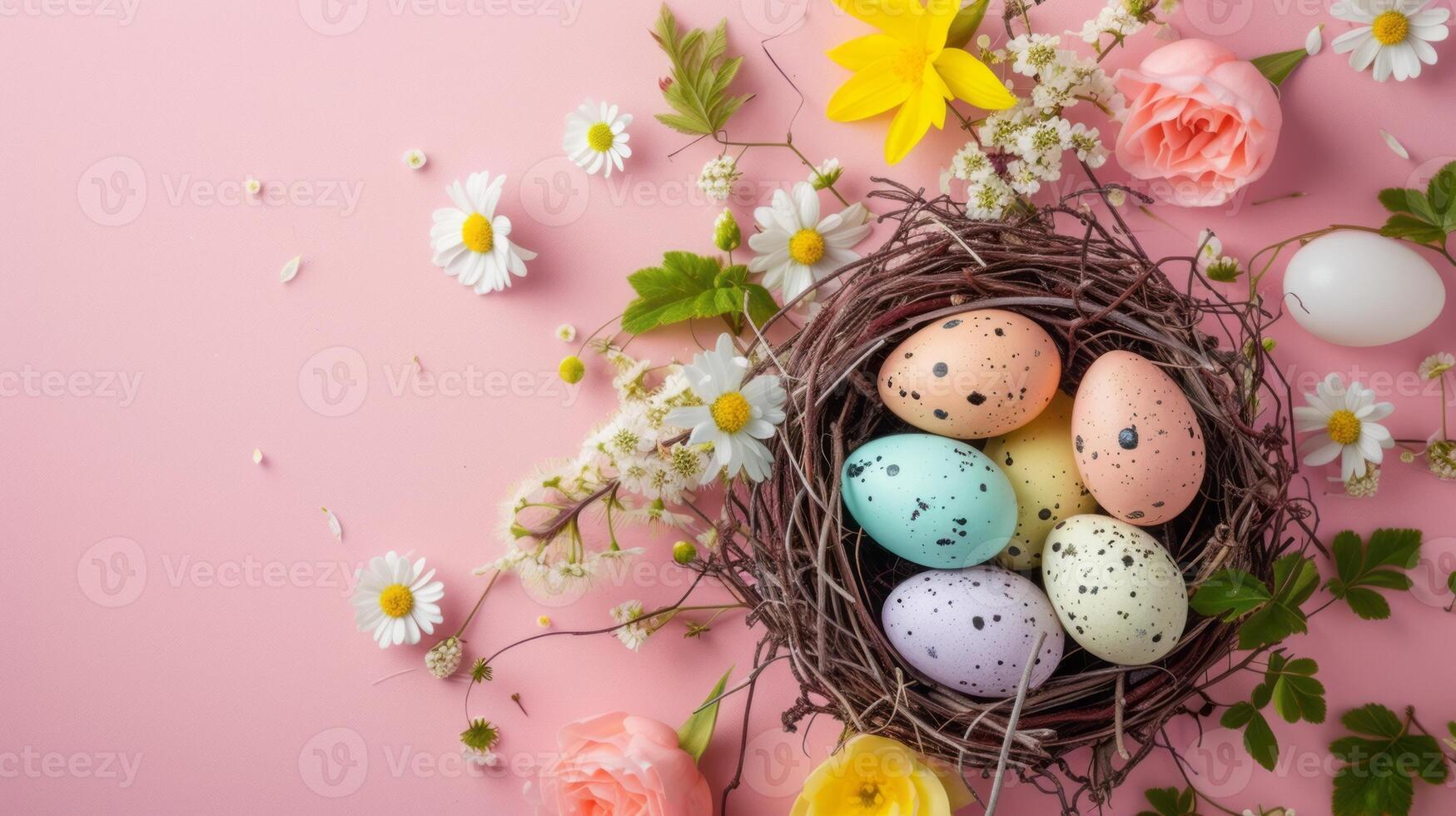 AI generated Top view of nest with Easter eggs and flowers on pastel background photo
