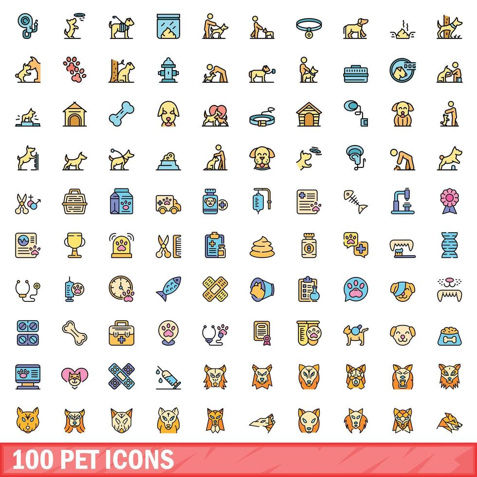 100 pet icons set, color line style vector