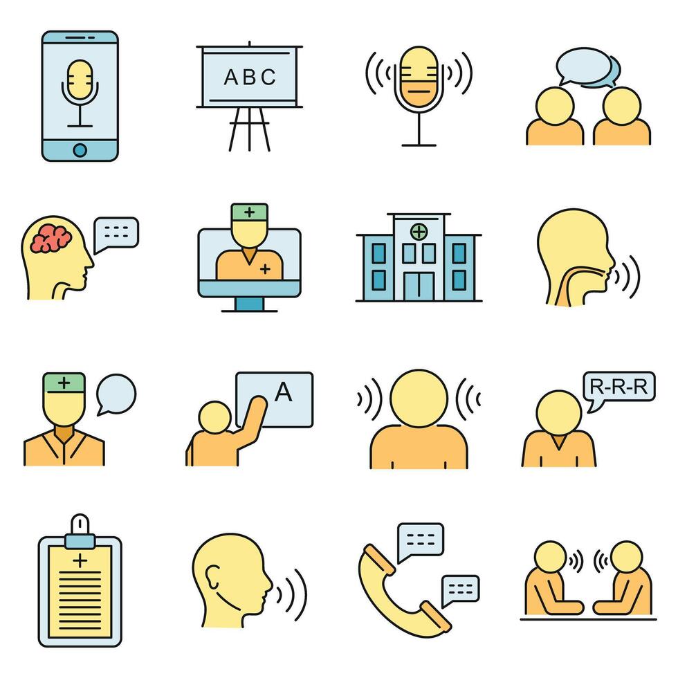 Speech therapist icons set vector color line