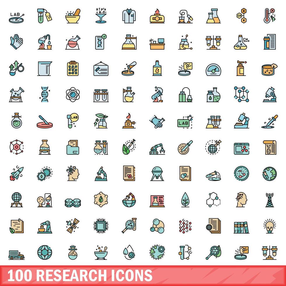 100 research icons set, color line style vector