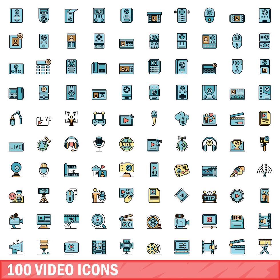 100 vídeo íconos colocar, color línea estilo vector