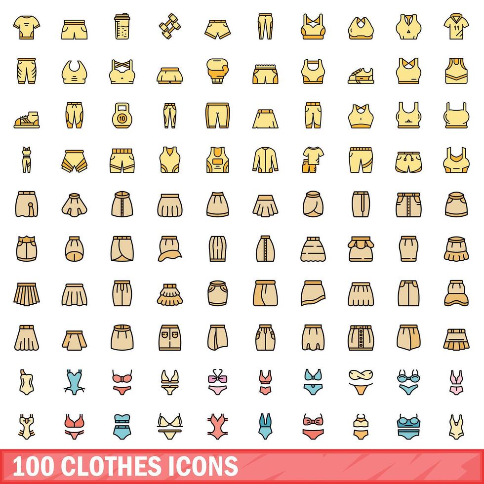 100 clothes icons set, color line style vector