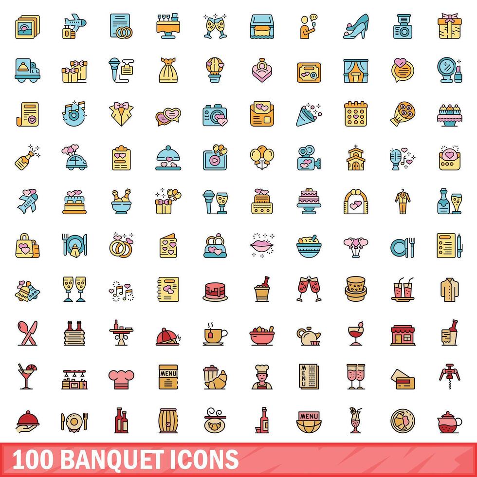 100 banquet icons set, color line style vector