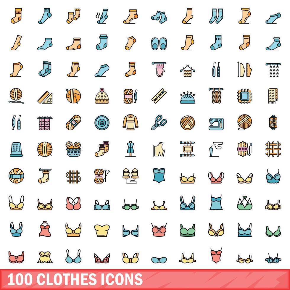 100 ropa íconos colocar, color línea estilo vector