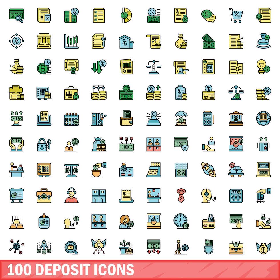 100 deposit icons set, color line style vector