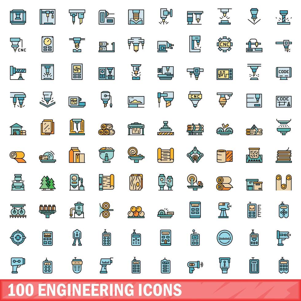 100 engineering icons set, color line style vector