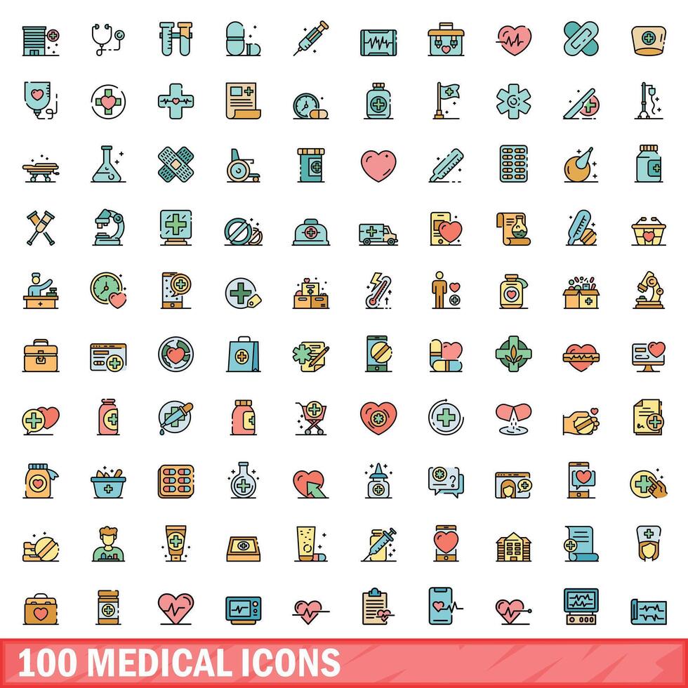 100 medical icons set, color line style vector